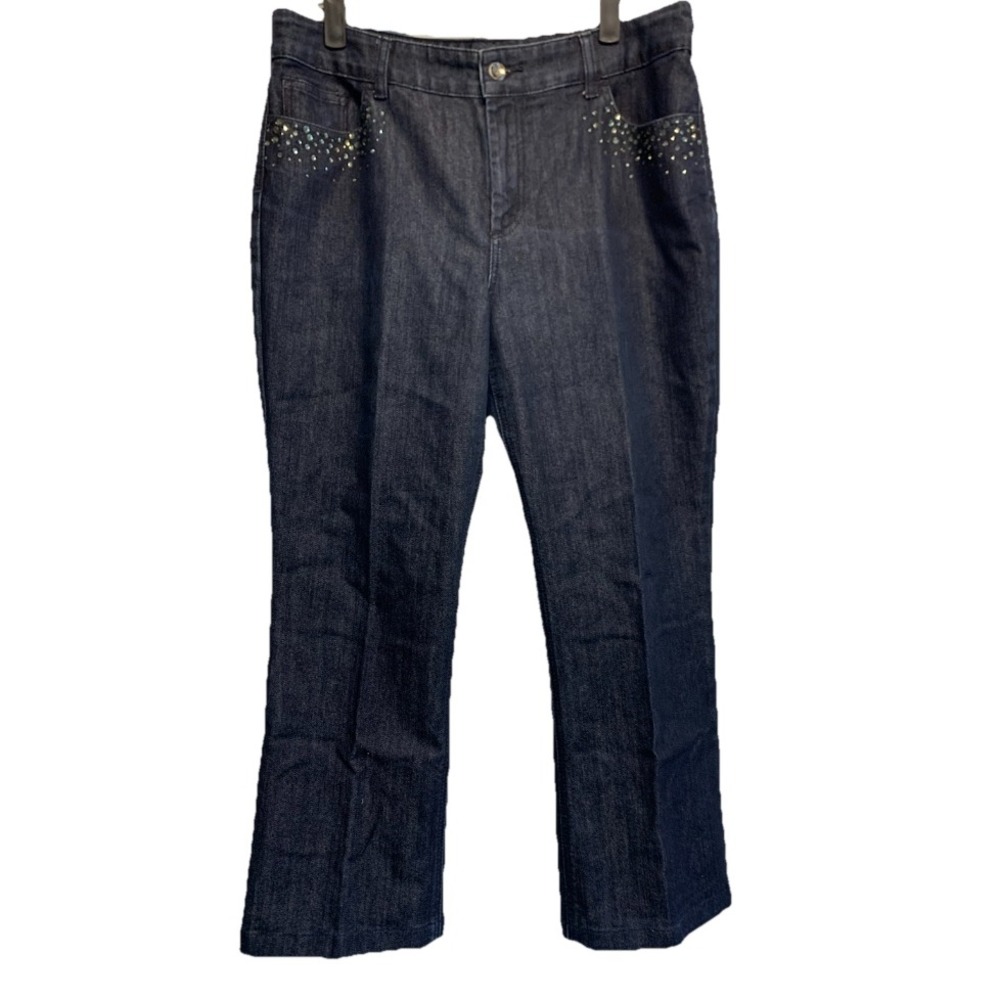 Chico's Platinum Bootcut Jeans Embellished Pockets Dark Wash Size 12 Short Large
